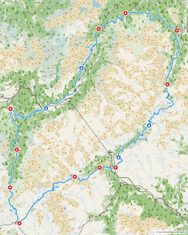 A Light decorative map of a long trail course with aid stations