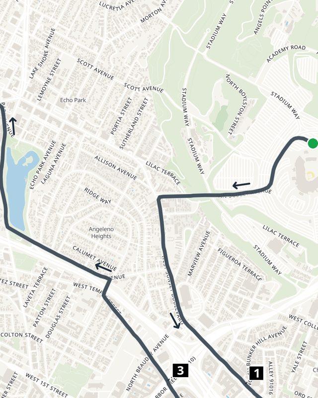 A high-detail street map of a Los Angeles marathon course